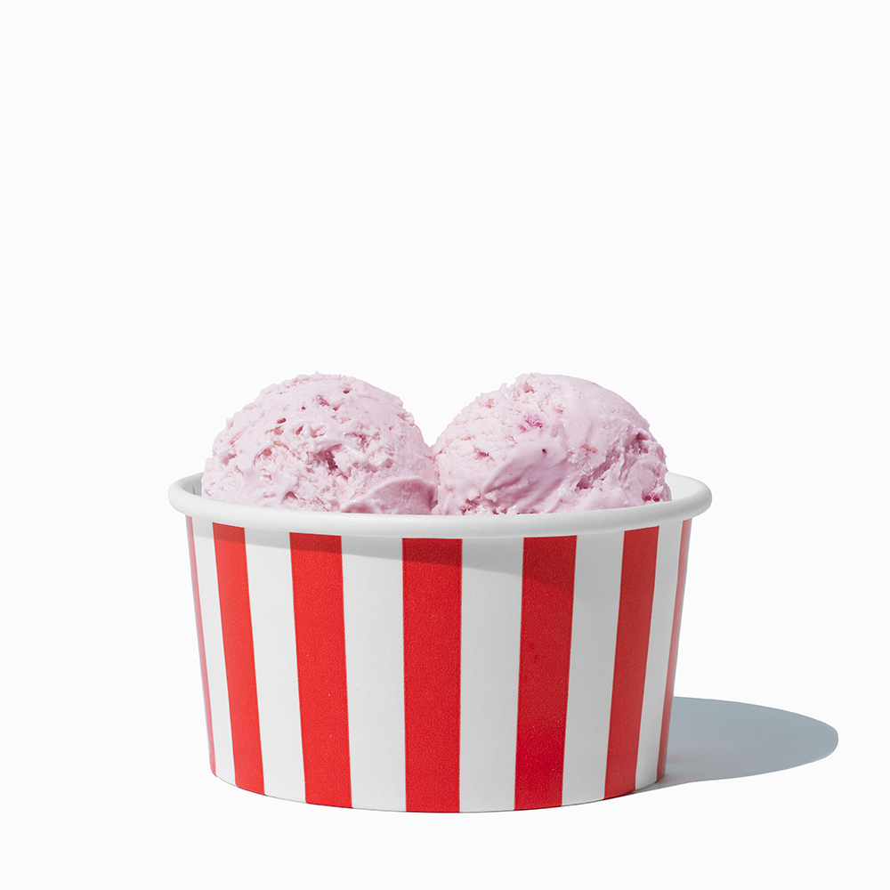 6 oz Red Striped paper ice cream bowl filled with a scoop of ice cream