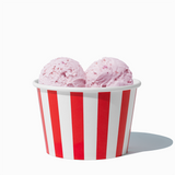8 oz Red Striped bulk ice cream container filled with two scoops of cold treats