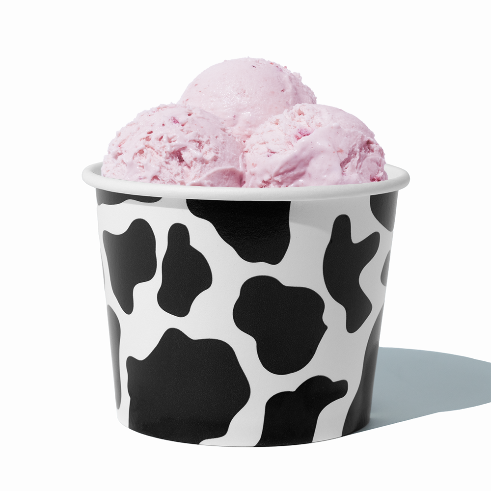 12 oz Cow Print paper food bowl shown with a large serving of frozen dessert