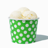 12 oz Green Polka Dot paper food bowl shown with a large serving of frozen dessert