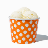 12 oz Orange Polka Dot paper food bowl shown with a large serving of frozen dessert
