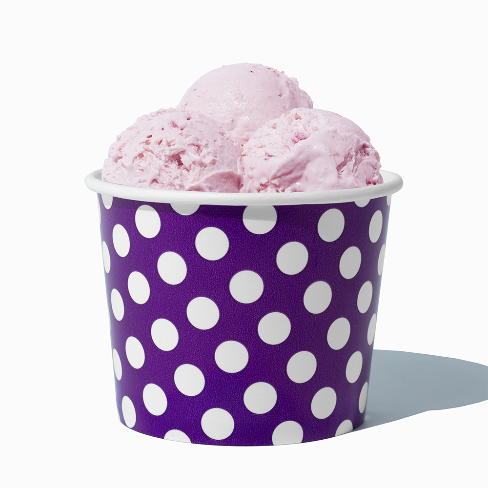 12 oz Purple Polka Dot paper food bowl shown with a large serving of frozen dessert