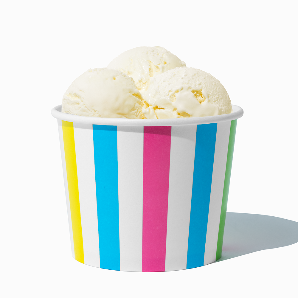 12 oz Rainbow Striped paper food bowl shown with a large serving of frozen dessert