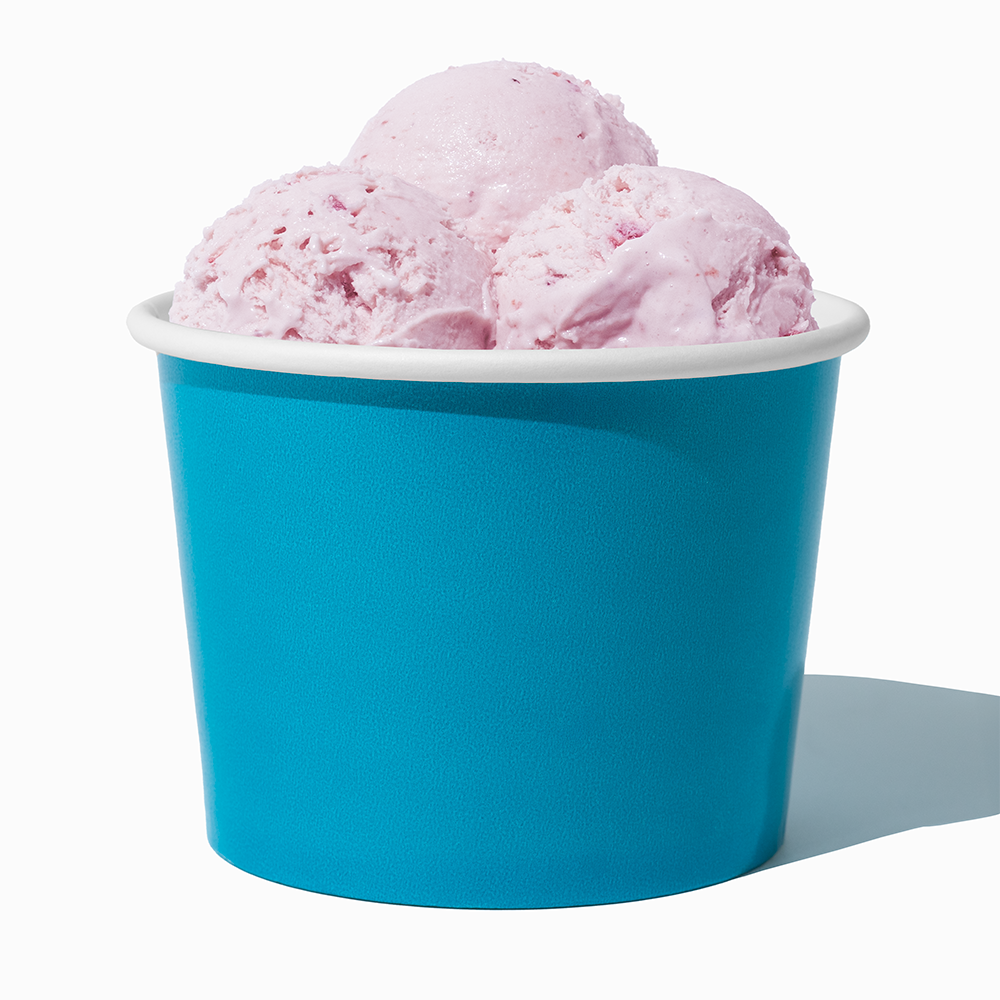16 oz Blue paper pint container filled with a family-sized ice cream portion