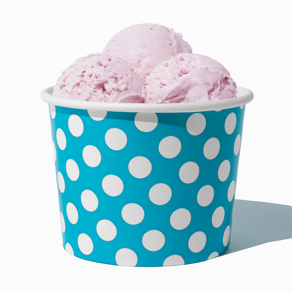 16 oz Blue Polka Dot paper pint container filled with a family-sized ice cream portion