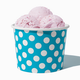 16 oz Blue Polka Dot paper pint container filled with a family-sized ice cream portion