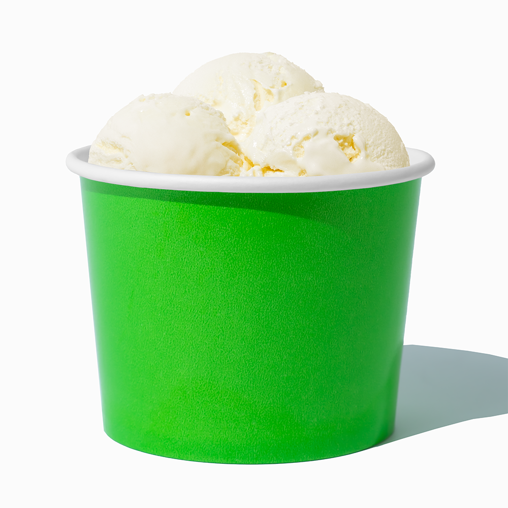 16 oz Green paper pint container filled with a family-sized ice cream portion