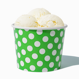 16 oz Green Polka Dot paper pint container filled with a family-sized ice cream portion