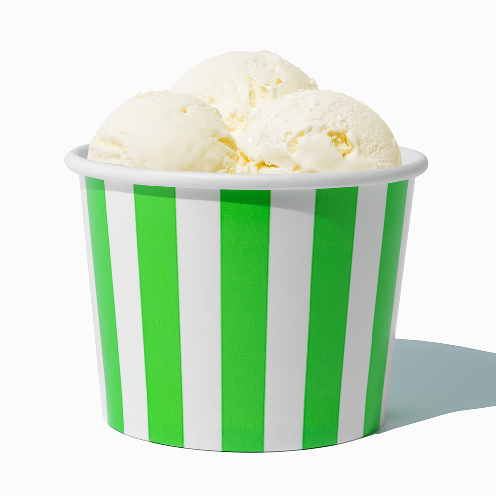 16 oz Green Striped paper pint container filled with a family-sized ice cream portion