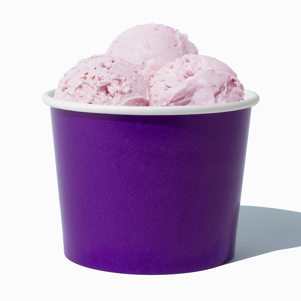 16 oz Purple paper pint container filled with a family-sized ice cream portion