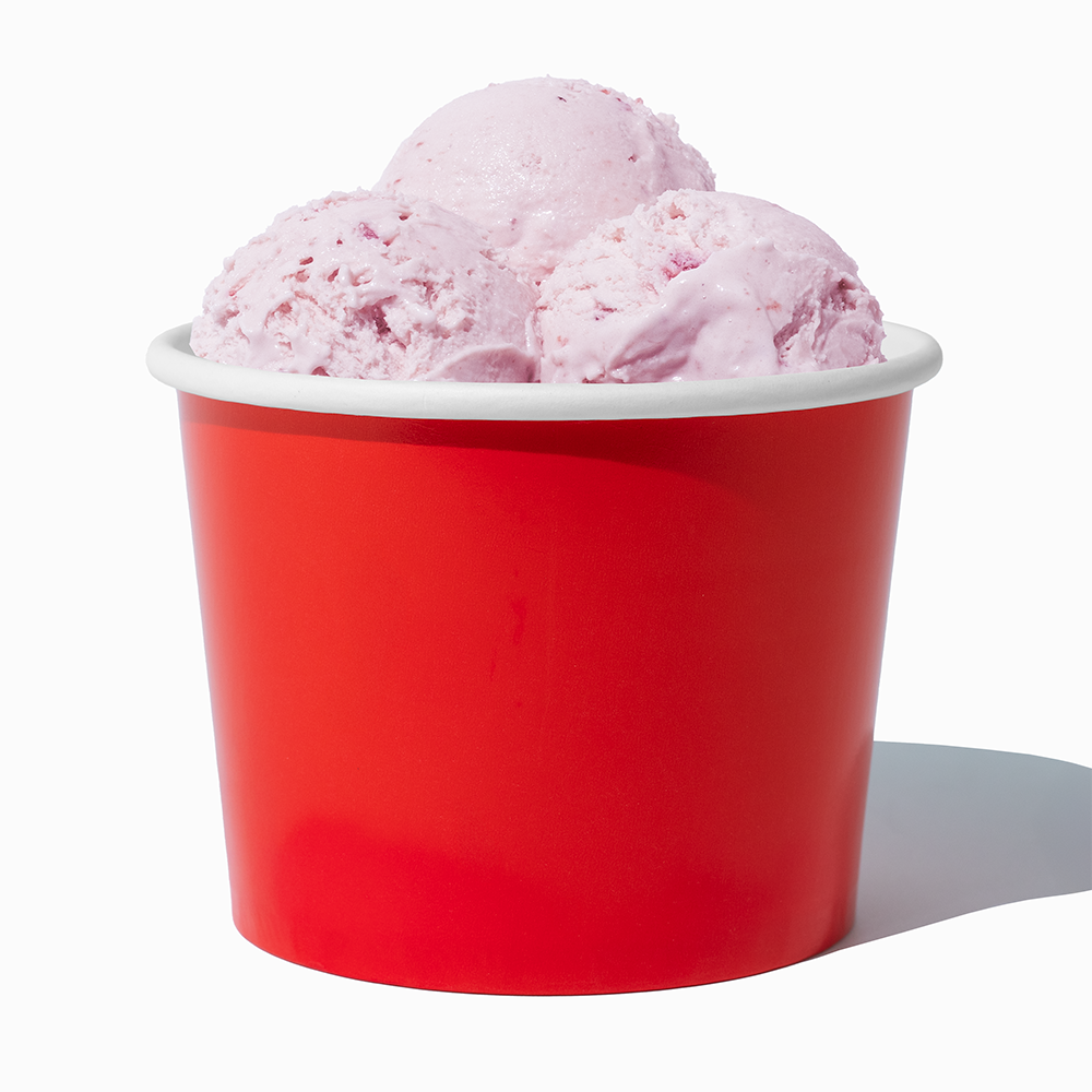 16 oz Red paper pint container filled with a family-sized ice cream portion