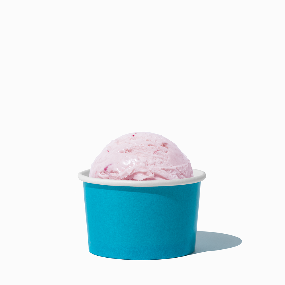 3 oz Blue paper cup filled with a mini ice cream scoop for portioned food tasting