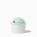 3 oz White paper cup filled with a mini ice cream scoop for portioned food tasting.