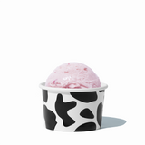 4 oz Cow Print ice cream cup shown with a fresh scoop of dessert for party catering