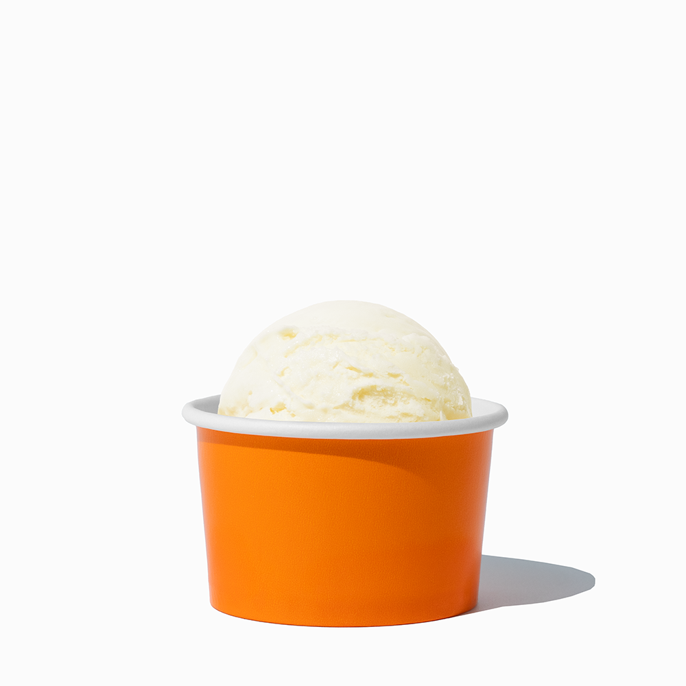 4 oz Orange ice cream cup shown with a fresh scoop of dessert for party catering