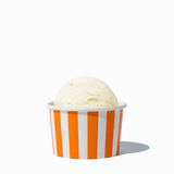4 oz Orange Striped ice cream cup shown with a fresh scoop of dessert for party catering