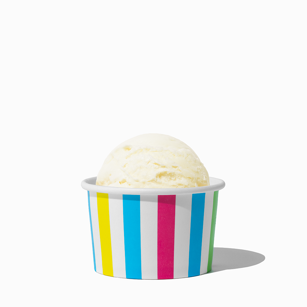 4 oz Rainbow Striped ice cream cup shown with a fresh scoop of dessert for party catering