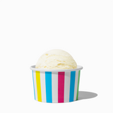 4 oz Rainbow Striped ice cream cup shown with a fresh scoop of dessert for party catering