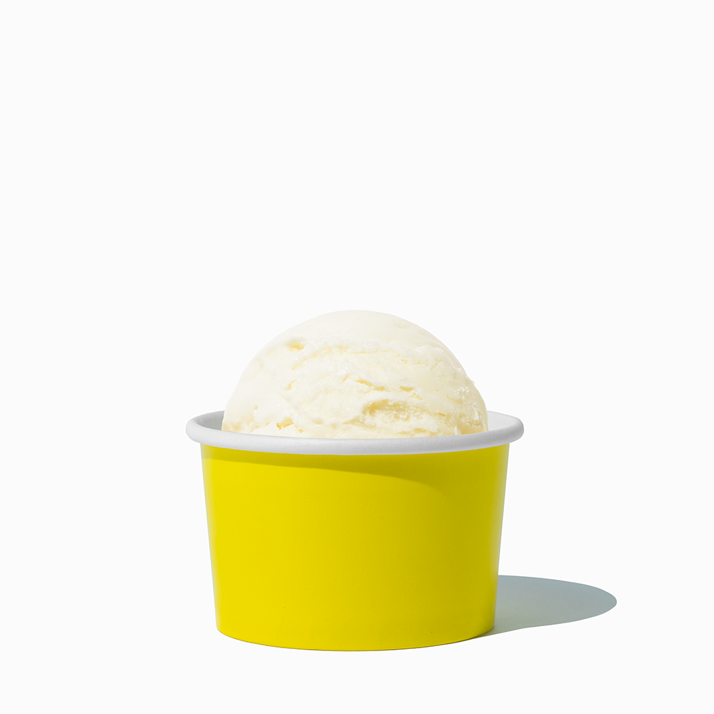 4 oz Yellow ice cream cup shown with a fresh scoop of dessert for party catering