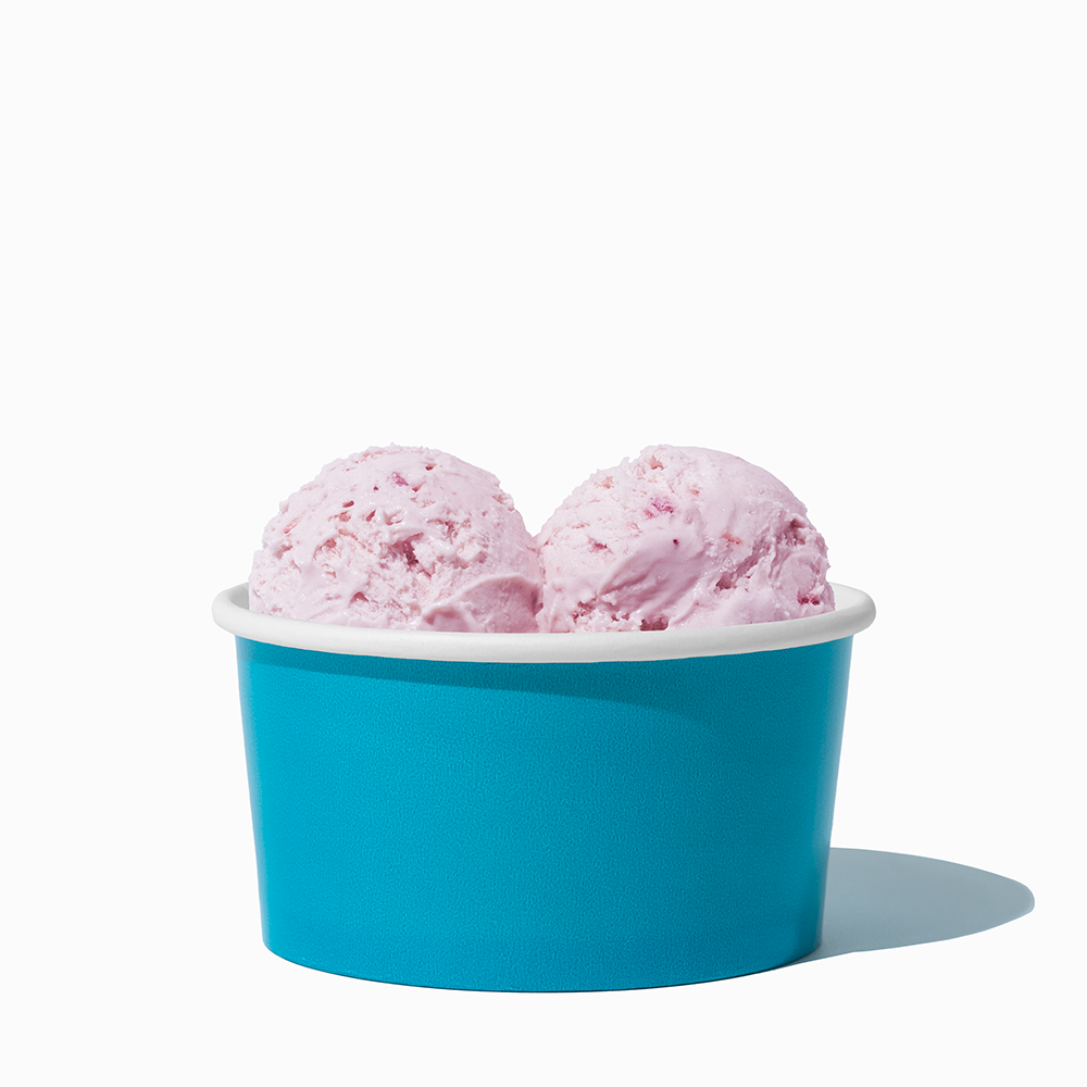 6 oz Blue paper ice cream bowl filled with a scoop of ice cream