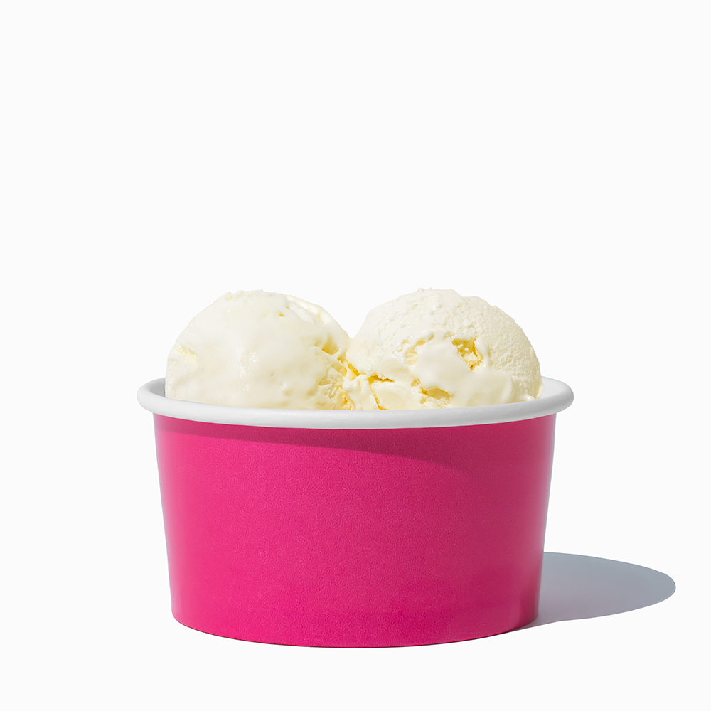 6 oz Pink paper ice cream bowl filled with a scoop of ice cream