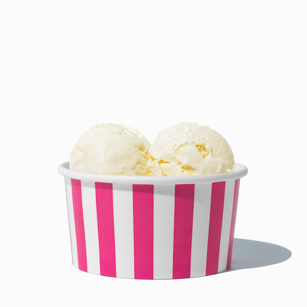 6 oz Pink Striped paper ice cream bowl filled with a scoop of ice cream