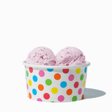 6 oz Rainbow Polka Dot paper ice cream bowl filled with a scoop of ice cream