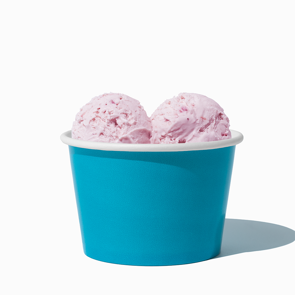 8 oz Blue bulk ice cream container filled with two scoops of cold treats