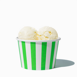 8 oz Green Striped bulk ice cream container filled with two scoops of cold treats
