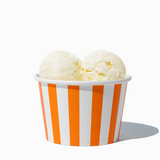 8 oz Orange Striped bulk ice cream container filled with two scoops of cold treats