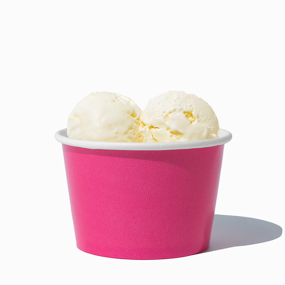 8 oz Pink bulk ice cream container filled with two scoops of cold treats