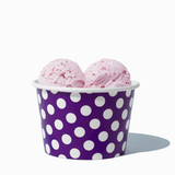 8 oz Purple Polka Dot bulk ice cream container filled with two scoops of cold treats