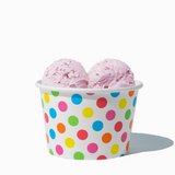 8 oz Rainbow Polka Dot bulk ice cream container filled with two scoops of cold treats