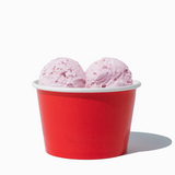 8 oz Red bulk ice cream container filled with two scoops of cold treats