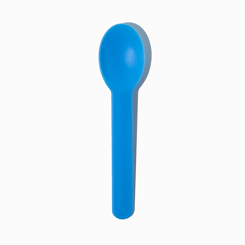 Blue heavy-duty plastic dessert spoon - Single close-up for commercial parlor use.