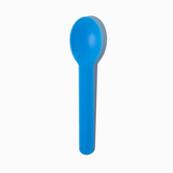 Blue heavy-duty plastic dessert spoon - Single close-up for commercial parlor use.