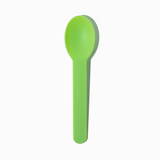 Green heavy-duty commercial plastic spoon - Single close-up for durable frozen yogurt service.