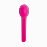 Pink heavy-duty commercial plastic spoon - Single close-up for sweet shop dessert service.
