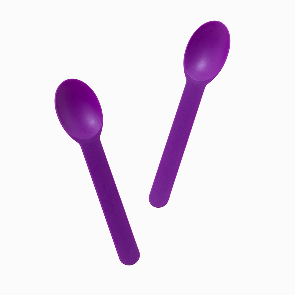 Purple heavy-weight plastic spoons angled for serving classic sundaes and thick treats.