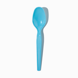 Blue super dessert plastic spoon - Single close-up for high-volume ice cream parlors.