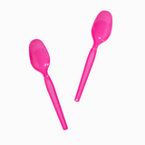Pink premium super dessert spoons angled for heavy-duty dessert service.