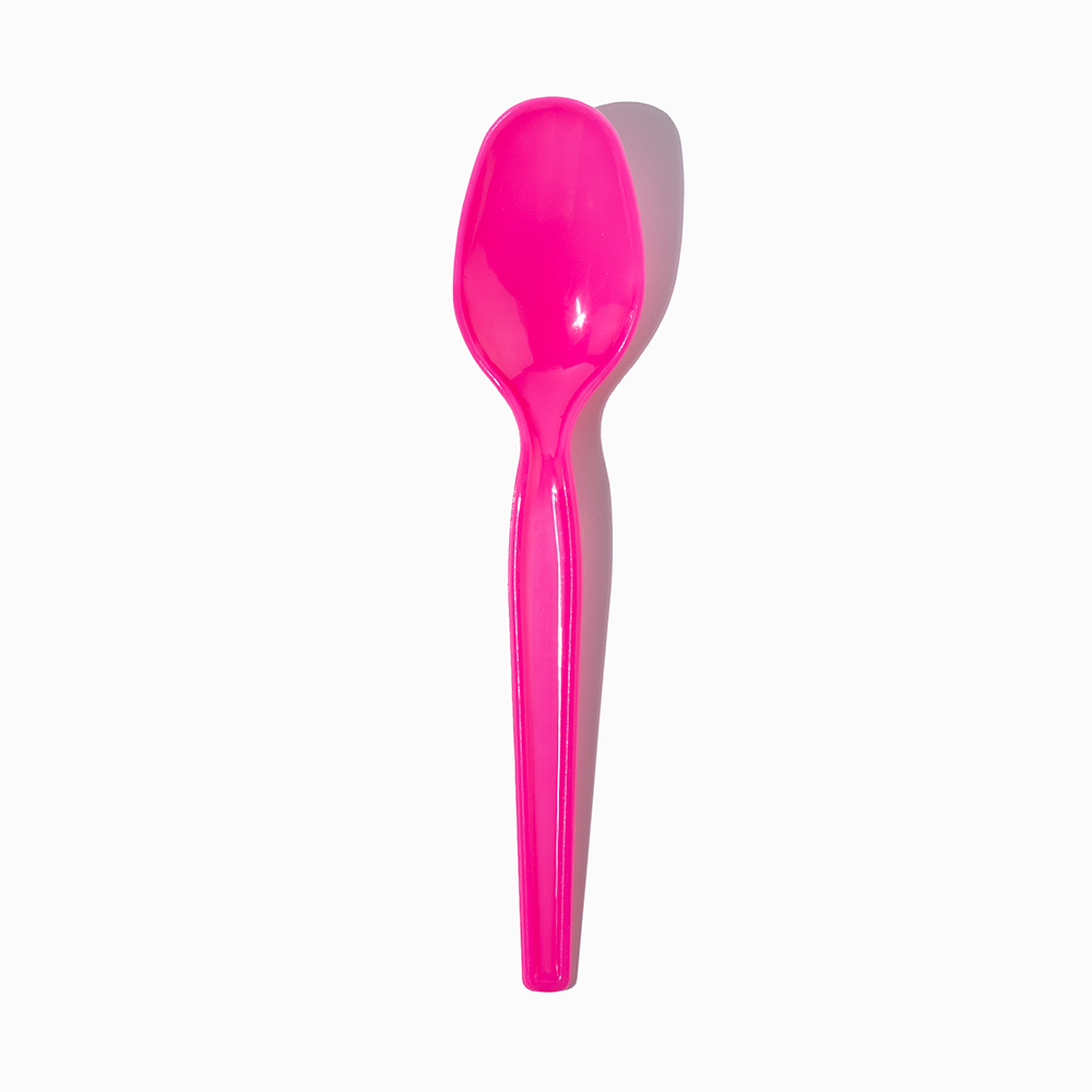 Pink super dessert plastic spoon - Single close-up for sweet shop sundae service.