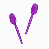 Purple disposable super dessert spoons in action scooping hard ice cream.