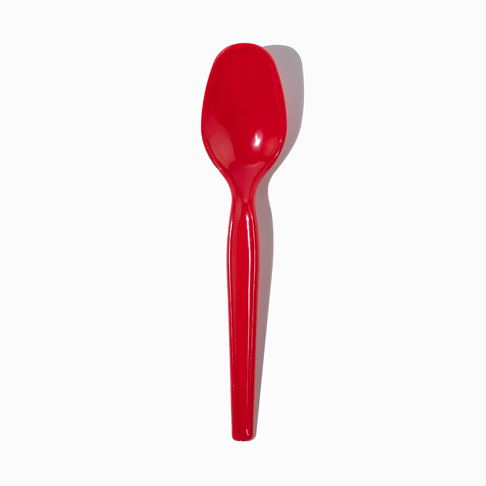Red super dessert plastic spoon - Single close-up for thick hand-dipped ice cream.