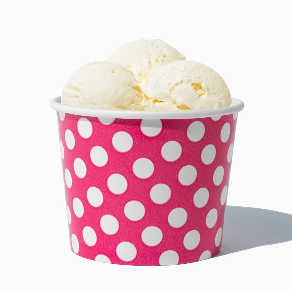 12 oz Pink Polka Dot paper food bowl shown with a large serving of frozen dessert
