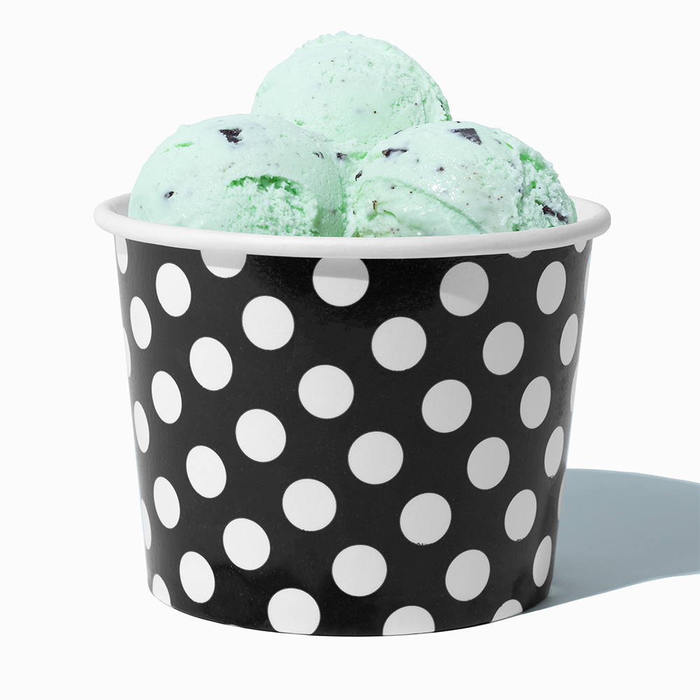 16 oz Black Polka Dot paper pint container filled with a family-sized ice cream portion