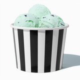 16 oz Black Striped paper pint container filled with a family-sized ice cream portion