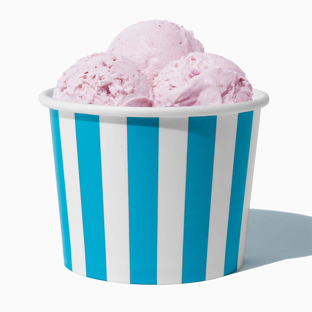16 oz Blue Striped paper pint container filled with a family-sized ice cream portion