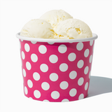 16 oz Pink Polka Dot paper pint container filled with a family-sized ice cream portion