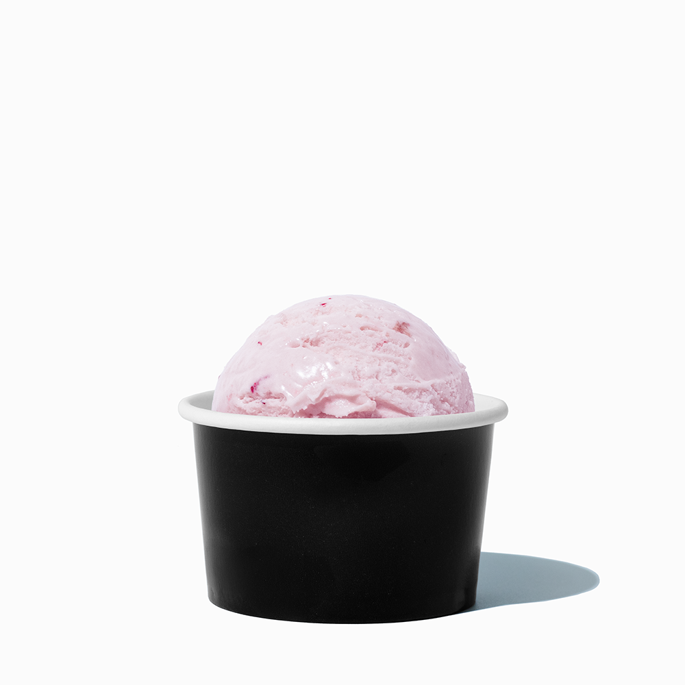 4 oz Black ice cream cup shown with a fresh scoop of dessert for party catering